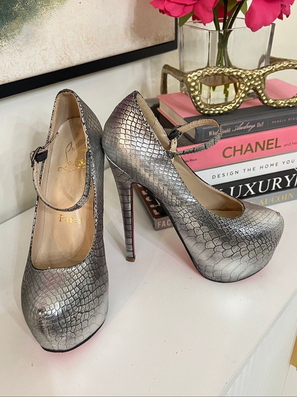 Christian Louboutin Womens Snakeskin Lady Daf Platform Pump Heels Silver Size 36